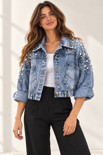 Damen jeansjacke mit perlen - jeansjacke,